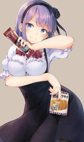 Anime picture 800x1348 with dagashi kashi feel (studio) umaibou shidare hotaru nonono (nononotea) single tall image looking at viewer short hair blue eyes smile purple hair girl dress hairband