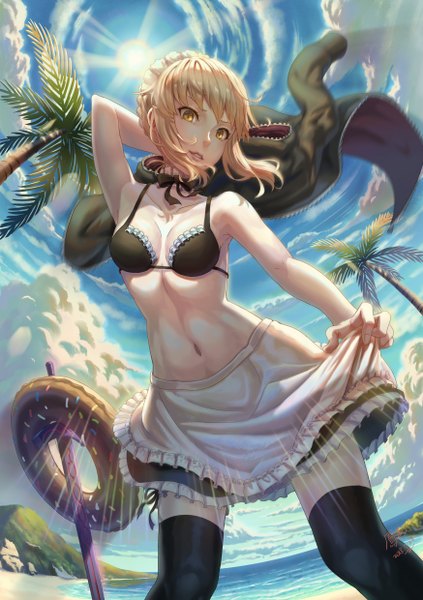 Anime picture 1748x2480 with fate (series) fate/grand order artoria pendragon (all) artoria pendragon (alter swimsuit rider) (fate) ho-oh (artist) single tall image looking at viewer fringe highres short hair breasts light erotic blonde hair smile hair between eyes standing bare shoulders holding signed