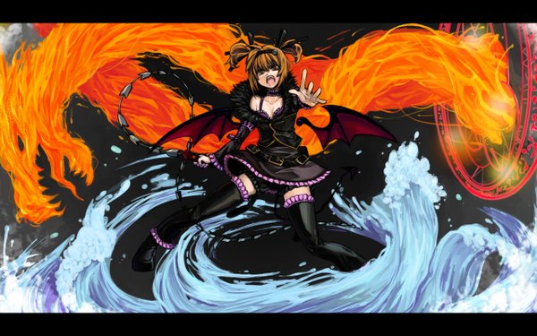 Anime picture 1280x800 with tales of (series) tales of vesperia rita mordio short hair open mouth brown hair wide image tail alternate costume demon tail bat wings angry thighhighs skirt black thighhighs wings choker water shorts belt