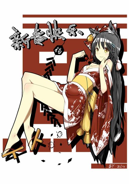 Anime picture 700x1000 with original eliz single long hair tall image looking at viewer blush breasts black hair smile bare shoulders animal ears yellow eyes traditional clothes japanese clothes wide sleeves fox ears girl hair ornament detached sleeves
