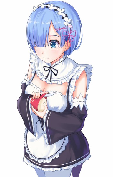 Anime picture 820x1280 with re:zero kara hajimeru isekai seikatsu white fox rem (re:zero) itachi kanade single tall image fringe short hair blue eyes simple background white background blue hair cleavage from above hair over one eye maid looking down girl uniform detached sleeves