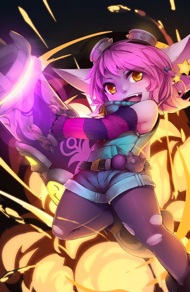Anime picture 835x1280 with league of legends tristana (league of legends) ricegnat single tall image short hair open mouth holding animal ears yellow eyes looking away pink hair bent knee (knees) teeth fang (fangs) dark background glow goggles on head torn pantyhose explosion