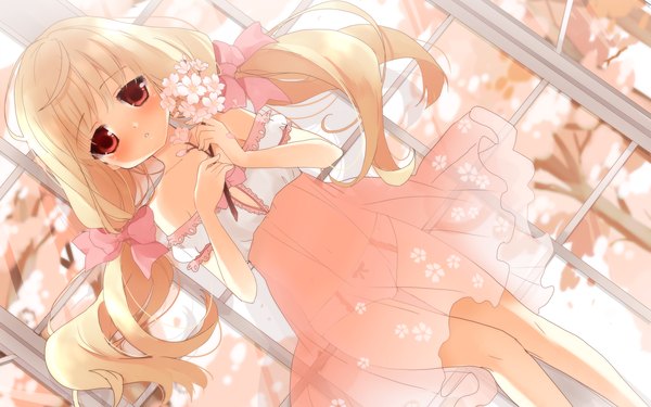 Anime picture 1920x1200 with cafe sourire cuffs (studio) ogiwara kyouko kurot long hair highres blonde hair red eyes wide image lying loli girl flower (flowers) bow hair bow