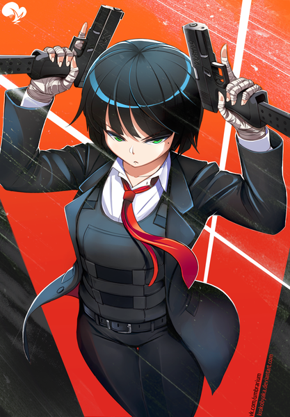 Anime picture 835x1200 with original krokobyaka single tall image fringe short hair black hair green eyes signed from above mole arms up mole under eye red background serious girl weapon shirt necktie belt