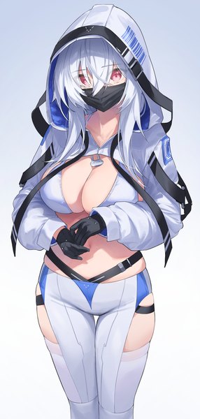 Anime picture 1601x3364 with original star741 single long hair tall image looking at viewer fringe breasts light erotic simple background hair between eyes red eyes large breasts standing cleavage silver hair long sleeves thigh gap girl gloves
