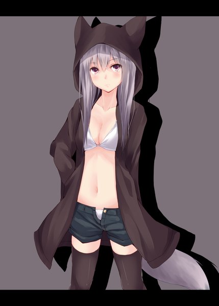 Anime picture 1000x1399 with original second heaven single long hair tall image light erotic red eyes animal ears silver hair animal tail grey background midriff letterboxed girl thighhighs navel black thighhighs shorts coat