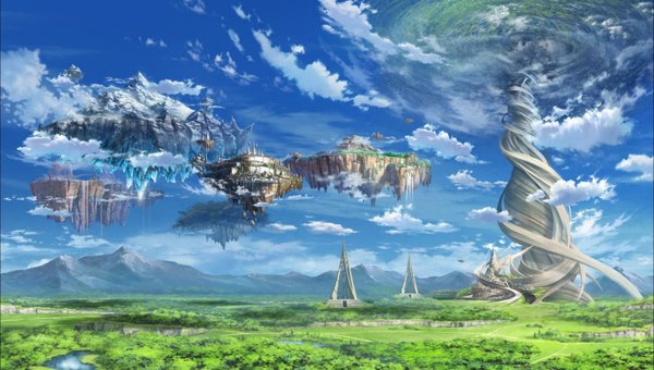 Anime-Bild 1600x909 mit sword art online a-1 pictures tagme (artist) wide image sky cloud (clouds) city no people landscape waterfall floating island plant (plants) tree (trees) water grass ice island