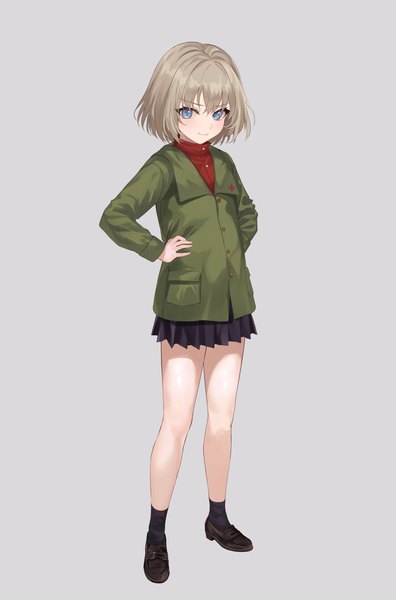 Anime picture 1350x2048 with girls und panzer katyusha (girls und panzer) mexif single tall image short hair blue eyes simple background blonde hair smile standing full body pleated skirt grey background hands on hips girl skirt miniskirt socks shoes