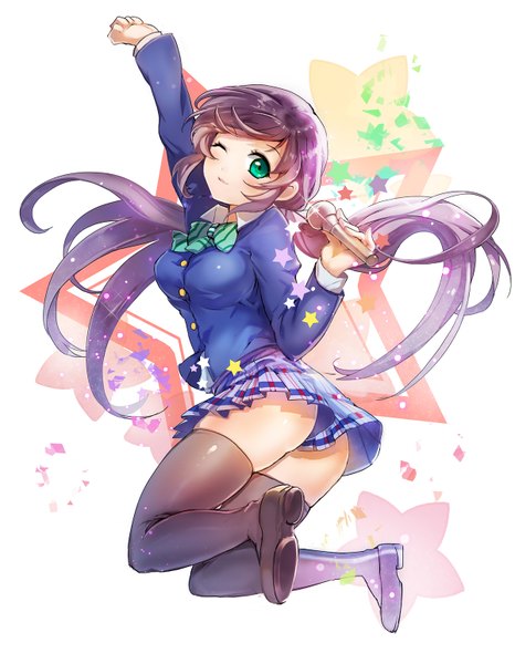 Anime picture 1200x1542 with love live! school idol project sunrise (studio) love live! toujou nozomi sibyl single long hair tall image light erotic smile green eyes purple hair one eye closed wink jumping girl thighhighs skirt uniform black thighhighs