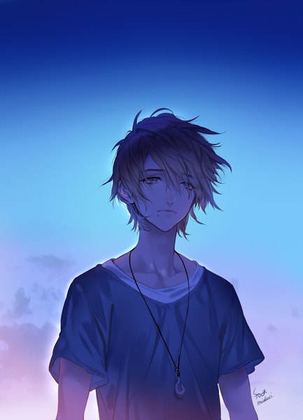 Anime picture 794x1100 with original midori foo single tall image fringe short hair hair between eyes brown hair signed looking away sky cloud (clouds) upper body outdoors mole grey eyes mole under eye mole under mouth boy pendant