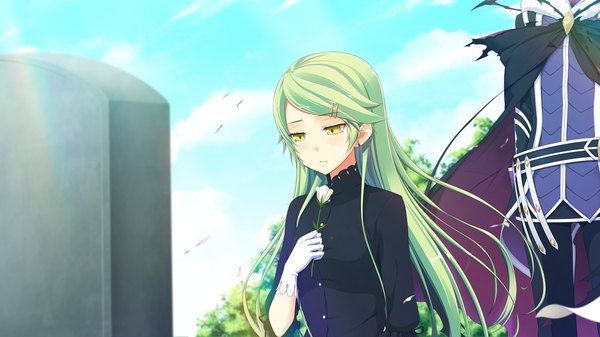 Anime picture 1280x720 with tentacle lord (game) tel-o long hair blush wide image yellow eyes game cg green hair girl gloves hair ornament flower (flowers) hairclip