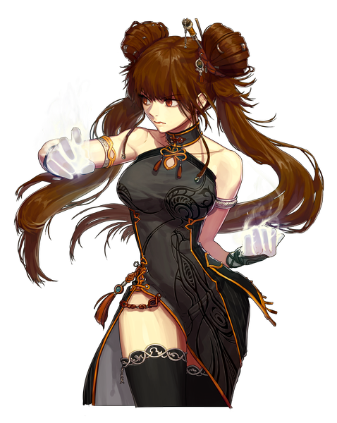 Anime picture 3040x3816 with dungeon and fighter single long hair tall image highres red eyes brown hair looking away absurdres legs magic glowing transparent background girl thighhighs dress gloves hair ornament black thighhighs hairclip
