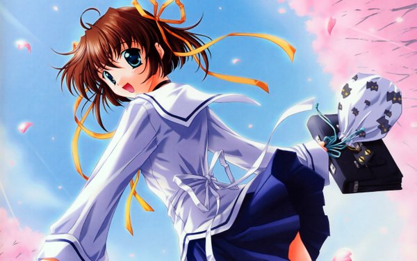 Anime picture 2560x1600 with da capo asakura nemu single looking at viewer highres short hair open mouth blue eyes wide image sky looking back sunlight cherry blossoms spring girl uniform bow ribbon (ribbons) hair ribbon serafuku