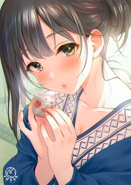 Anime-Bild 800x1130 mit original tsukana (saba mizore) single tall image looking at viewer blush fringe short hair breasts black hair holding signed payot cleavage indoors traditional clothes parted lips japanese clothes fingernails lips