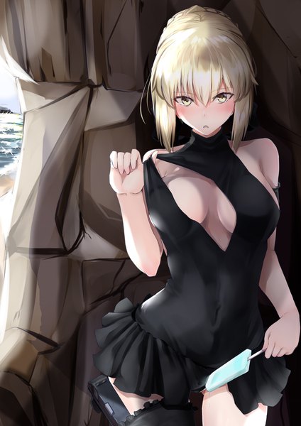 Anime picture 2893x4092 with fate (series) fate/grand order artoria pendragon (all) artoria pendragon (alter swimsuit rider) (fate) ninoude (ninoude44) single tall image looking at viewer blush fringe highres short hair breasts open mouth light erotic blonde hair hair between eyes large breasts standing bare shoulders