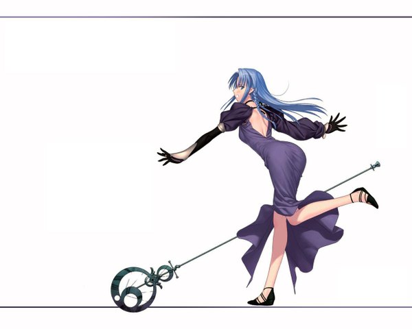 Anime picture 1280x1024 with fate (series) fate/stay night studio deen type-moon caster single long hair blue eyes light erotic white background blue hair pointy ears from behind legs back girl dress shoes staff