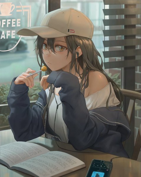 Anime picture 4363x5482 with original free style (yohan1754) single long hair tall image looking at viewer fringe highres hair between eyes brown hair sitting holding brown eyes absurdres upper body indoors long sleeves off shoulder sleeves past wrists girl