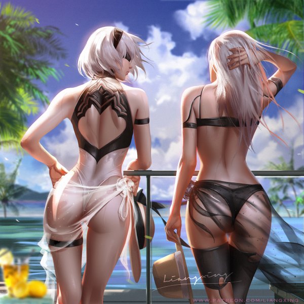 Anime picture 1200x1200 with nier nier:automata yorha no. 2 type b yorha type a no. 2 liang xing long hair fringe short hair light erotic standing bare shoulders multiple girls holding signed sky silver hair cloud (clouds) outdoors ass arm up