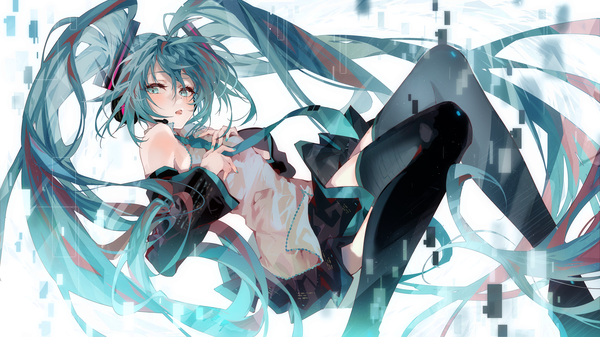 Anime picture 2667x1500 with vocaloid hatsune miku arutera single looking at viewer fringe highres open mouth simple background hair between eyes wide image twintails bare shoulders bent knee (knees) very long hair nail polish aqua eyes aqua hair girl skirt