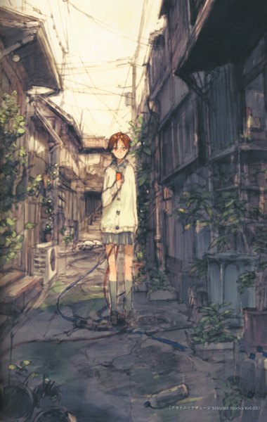 Anime picture 2222x3500 with original humi (artist) single tall image highres short hair brown hair standing orange eyes alley girl skirt plant (plants) socks jacket leaf (leaves) buttons bottle wire (wires) phone