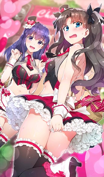 Anime picture 512x875 with fate (series) fate/stay night toosaka rin matou sakura redrop long hair tall image looking at viewer blush open mouth light erotic black hair purple eyes twintails bare shoulders multiple girls holding cleavage purple hair looking back
