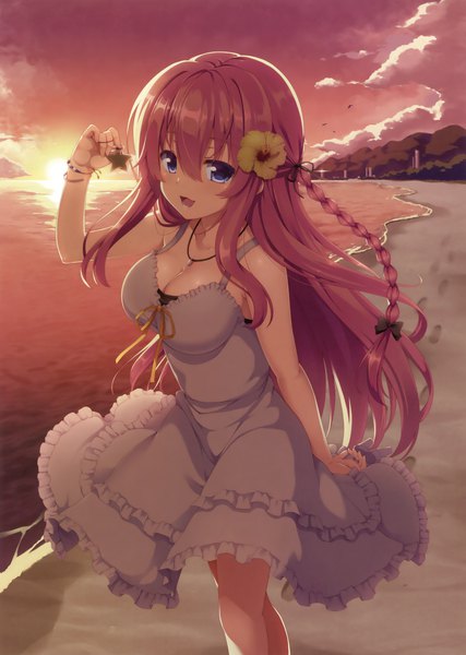 Anime-Bild 2494x3500 mit original yuzu modoki single long hair tall image looking at viewer fringe highres open mouth blue eyes hair between eyes pink hair sky cleavage cloud (clouds) braid (braids) hair flower scan beach evening