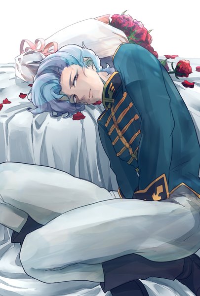Anime picture 1181x1748 with mobile suit gundam gundam unicorn sunrise (studio) angelo sauper poji inu single tall image looking at viewer short hair blue hair pink eyes reclining boy uniform flower (flowers) petals rose (roses) military uniform bouquet red rose