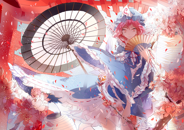 Anime picture 1061x750 with touhou saigyouji yuyuko saigyou ayakashi nanobe single looking at viewer short hair pink hair traditional clothes japanese clothes pink eyes wind cherry blossoms girl flower (flowers) plant (plants) petals tree (trees) kimono umbrella
