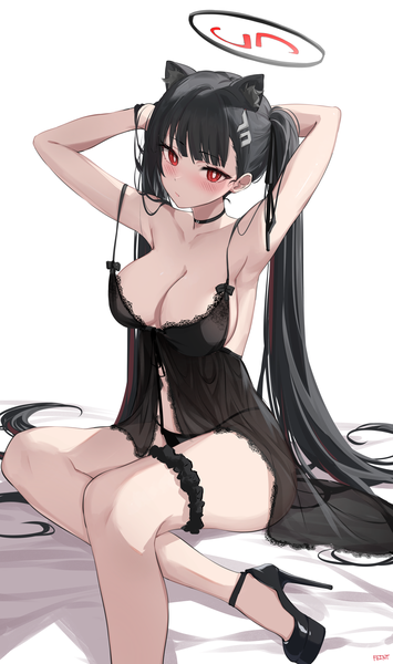 Anime picture 2751x4656 with blue archive rio (blue archive) feint721 single long hair tall image looking at viewer blush fringe highres breasts light erotic black hair simple background red eyes large breasts white background sitting twintails signed