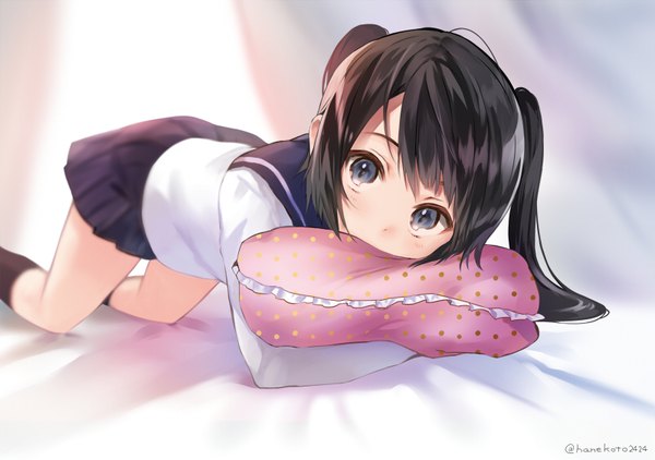 Anime picture 800x563 with original hanekoto single long hair looking at viewer blush blue eyes black hair twintails girl uniform socks serafuku pillow black socks
