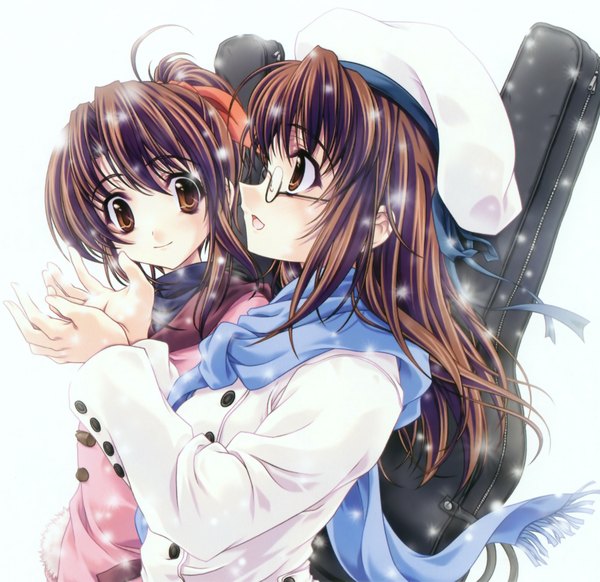 Anime picture 2190x2125 with miyama zero long hair highres open mouth brown hair multiple girls brown eyes profile snowing girl ribbon (ribbons) 2 girls hat glasses scarf