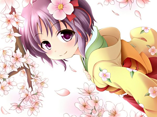 Anime picture 1024x768 with touhou hieda no akyuu sui. (ayase) sui. ayase midori single looking at viewer fringe short hair smile purple eyes purple hair long sleeves traditional clothes japanese clothes hair flower cherry blossoms girl flower (flowers) petals