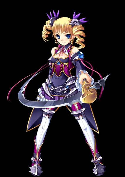 Anime picture 1653x2338 with koihime musou doga kobo sousou (koihime musou) kantaka single tall image blue eyes simple background blonde hair smile drill hair girl dress weapon detached sleeves