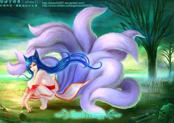 Anime picture 1151x814 with league of legends ahri (league of legends) shawli single long hair looking at viewer blue eyes light erotic animal ears blue hair barefoot realistic squat multiple tails skull and crossbones girl plant (plants) tree (trees)