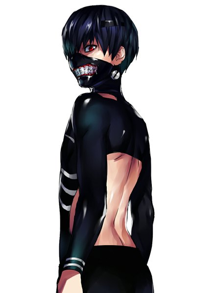 Anime picture 790x1090 with tokyo ghoul studio pierrot kaneki ken shiromi (ringo) single tall image short hair black hair simple background red eyes white background looking back boy bodysuit mask zipper