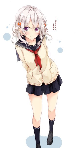 Anime picture 640x1200 with original kurottari single long hair tall image looking at viewer blush simple background standing white background purple eyes full body white hair inscription hands behind back girl uniform socks serafuku boots