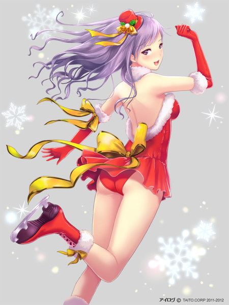 Anime picture 640x853 with ilog wada karin occhan single long hair tall image looking at viewer blush fringe open mouth light erotic simple background red eyes bare shoulders purple hair bent knee (knees) looking back from behind grey background back