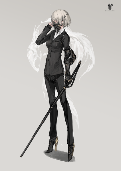 Anime picture 888x1256 with original yucca-612 (neco) single tall image short hair standing holding looking away full body grey hair grey background grey eyes high heels mechanical parts girl weapon mask suit gauntlets