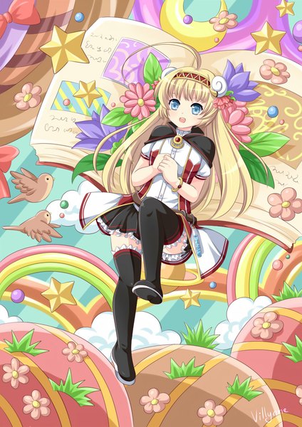 Anime picture 826x1169 with original villyane single long hair tall image open mouth blue eyes blonde hair smile ahoge pleated skirt horn (horns) striped girl thighhighs skirt flower (flowers) bow black thighhighs animal