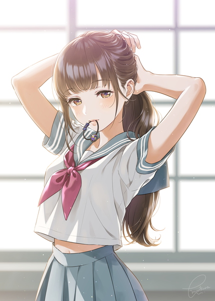 Anime picture 1296x1812 with original morikura en single long hair tall image looking at viewer blush fringe brown hair standing holding brown eyes signed payot ponytail blunt bangs pleated skirt lips arms up short sleeves