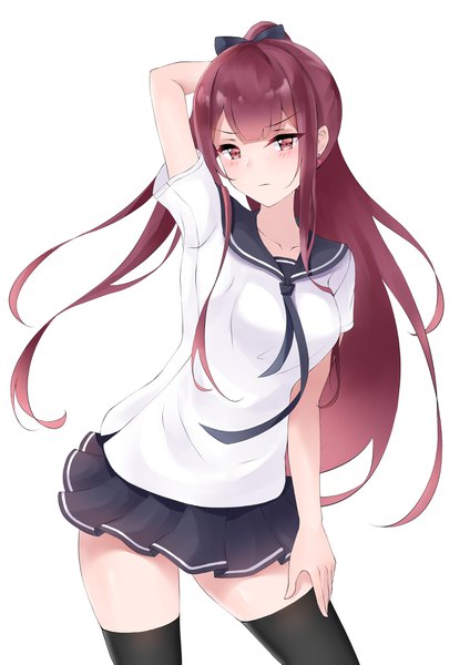 Anime picture 2894x4093 with girls frontline wa2000 (girls frontline) misaki159123 ouo clark (159123) single long hair tall image blush fringe highres simple background standing white background brown eyes ponytail red hair blunt bangs pleated skirt zettai ryouiki