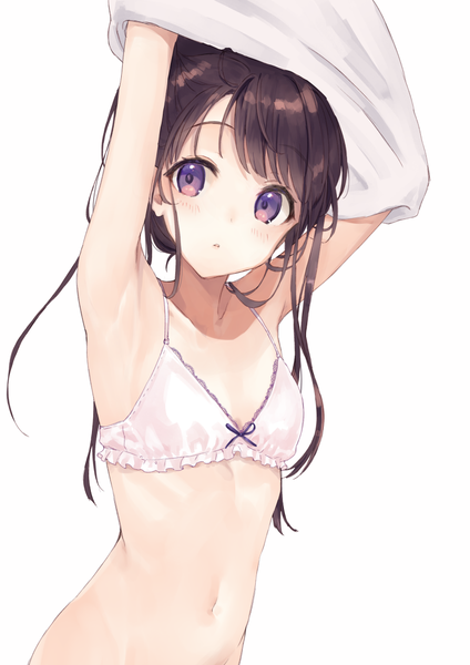 Anime picture 777x1100 with original rimo single long hair tall image looking at viewer blush fringe breasts light erotic simple background brown hair white background purple eyes upper body parted lips arms up bare belly armpit (armpits) undressing