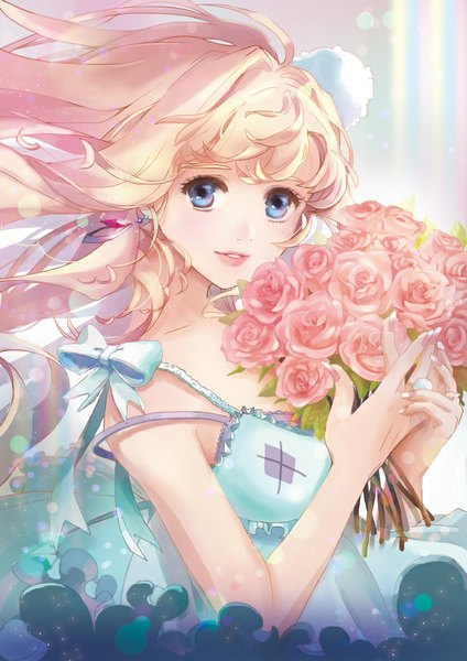 イラスト 707x1000 と マクロス マクロス Frontier sheryl nome rojo (artist) ソロ 長髪 長身像 カメラ目線 おっぱい 青い目 金髪 笑顔 holding nail polish fingernails lips alternate costume 女の子 花 ちょう結び