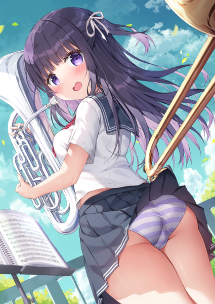 Anime picture 765x1080 with original ezoshika gg single long hair tall image looking at viewer blush fringe breasts open mouth light erotic smile large breasts standing purple eyes holding sky cloud (clouds) outdoors ass