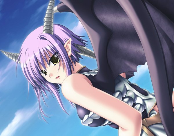 Anime picture 1148x900 with ikusa megami zero (game) yellow eyes game cg purple hair horn (horns) pointy ears bat wings girl wings
