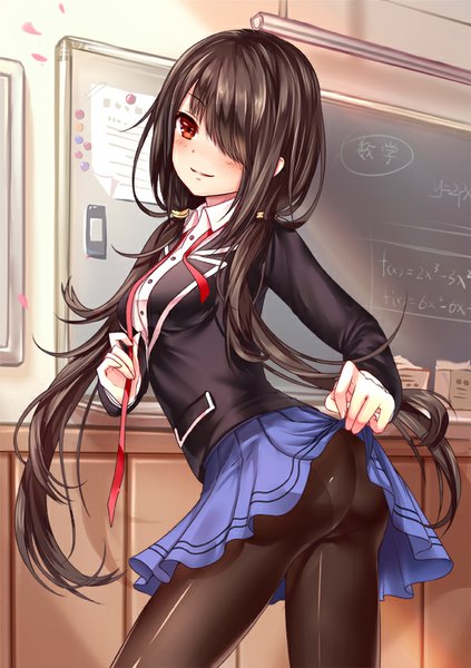 Anime picture 595x842 with date a live tokisaki kurumi quingyuege single long hair tall image looking at viewer blush fringe light erotic black hair red eyes twintails ass indoors hair over one eye low twintails turning head skirt lift classroom
