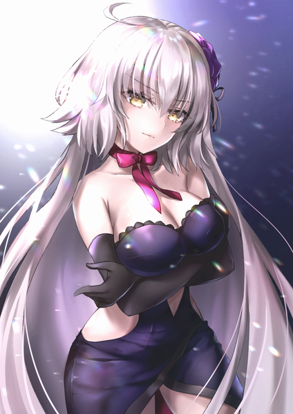 Anime picture 1191x1684 with fate (series) fate/grand order jeanne d'arc (fate) (all) jeanne d'arc alter (fate) hane yuki single tall image looking at viewer fringe breasts light erotic simple background smile hair between eyes large breasts standing bare shoulders yellow eyes payot cleavage