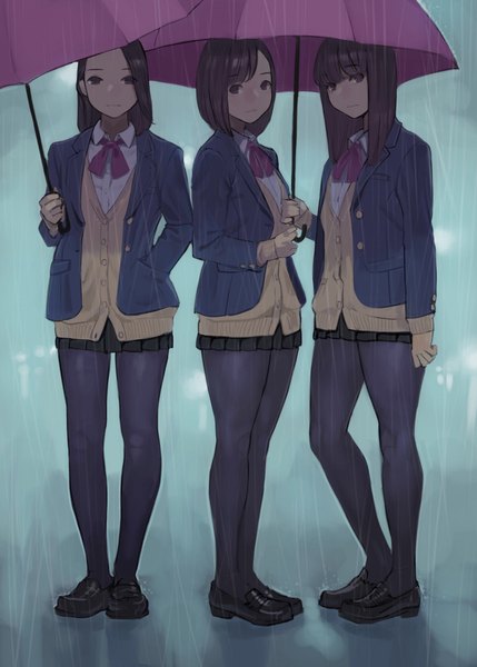 Anime picture 1464x2048 with miru tights moegi homi yomu (sgt epper) long hair tall image looking at viewer fringe short hair brown hair standing multiple girls holding brown eyes full body bent knee (knees) outdoors blunt bangs pleated skirt legs rain