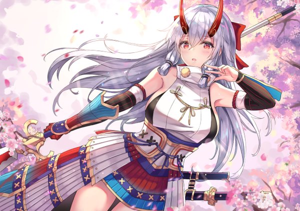 Anime picture 1300x918 with fate (series) fate/grand order tomoe gozen (fate) cenangam single long hair looking at viewer blush fringe breasts open mouth light erotic hair between eyes red eyes large breasts standing bare shoulders holding silver hair traditional clothes