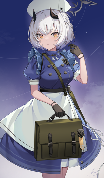 Anime picture 1054x1800 with blue archive sena (blue archive) ikomochi single tall image looking at viewer fringe short hair hair between eyes holding yellow eyes white hair horn (horns) puffy sleeves half updo girl gloves black gloves halo nurse cap